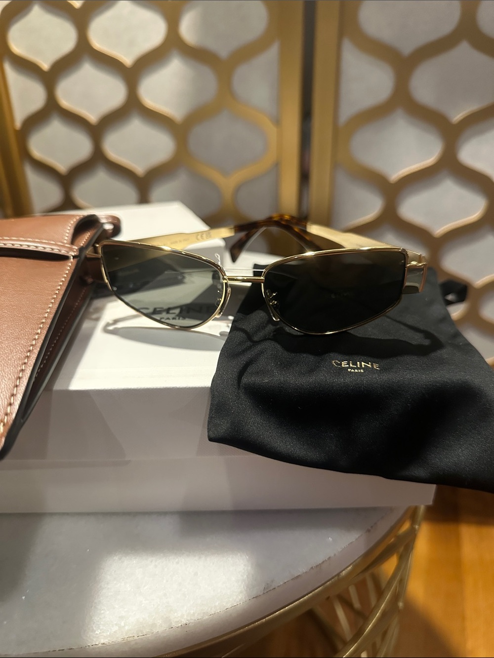 Celine Gold Frame Tortoiseshell Temple Sunglasses with Black Lenses